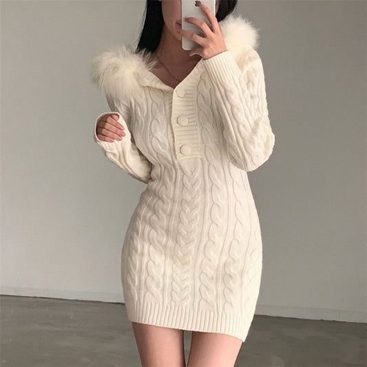 Fur-collar Bodycon Dress New Slim And Slimming