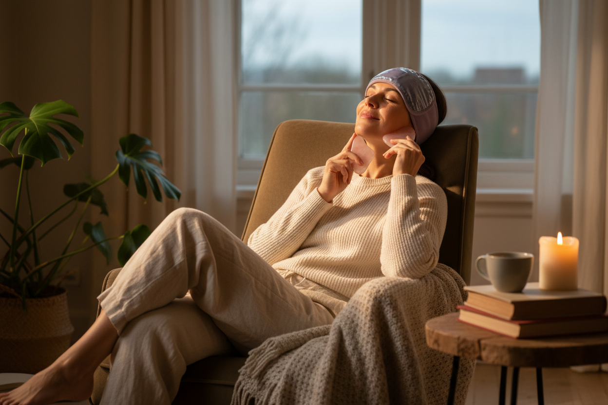 A banner Adult model unwinding after a stressful day, using a wellness tool like a gua sha or migraine cap, soft evening lighting, cozy setting, realistic facial expressions of relief, natural indoor environment, premium lifestyle photo.