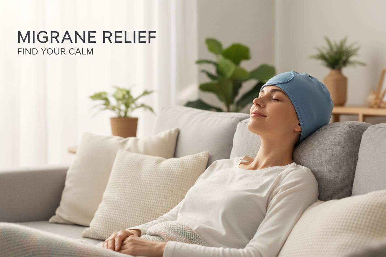 A banner that shows a lady using migraine cap and feeling better after using it to 