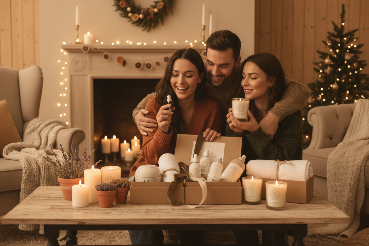 A model presenting or opening a wellness gift set, cozy warm holiday atmosphere, soft lights, natural candid smile, wooden or neutral background, premium gift-style photography, let there be more than one person