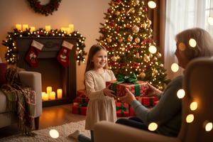 Christmas Season with a Girl Presenting Gift to a loved one 