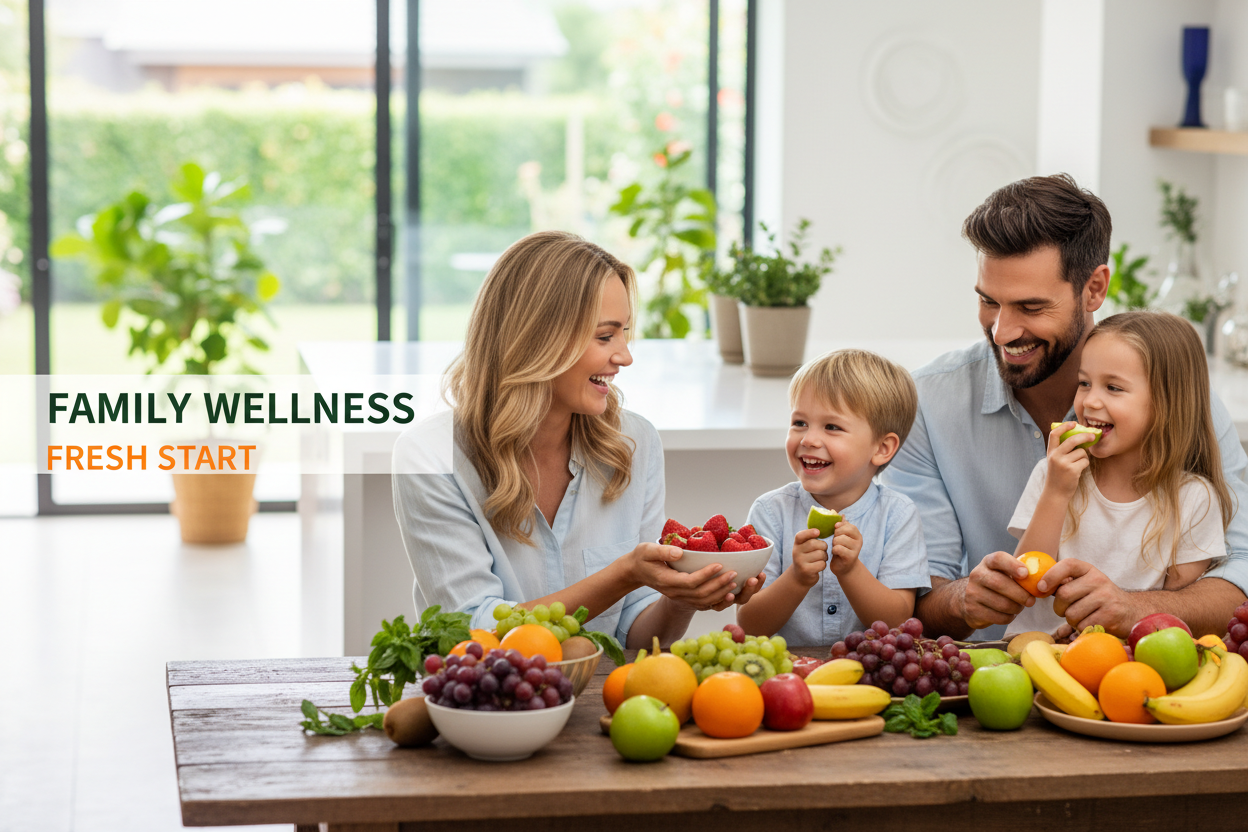 Give me an attractive banners that communicates health and Wellness , family looking good , healthy and taking enough fruits 