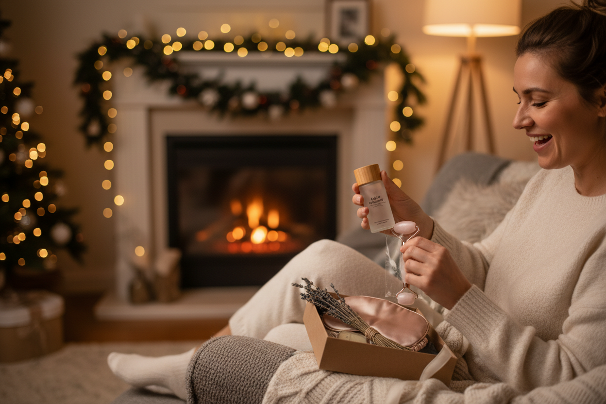 Happy adult model unboxing or using wellness products in a cozy holiday setting, warm ambient lighting, subtle Christmas decor (pine branches, soft bokeh lights), natural candid expression, premium lifestyle photography